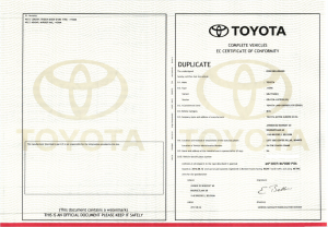 Certificat de conformité duplicata Toyota